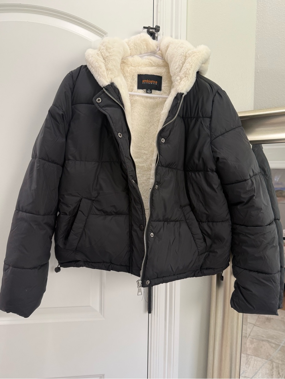 Ambiance Black Puffer Jacket with Cream Faux-Fur Hood